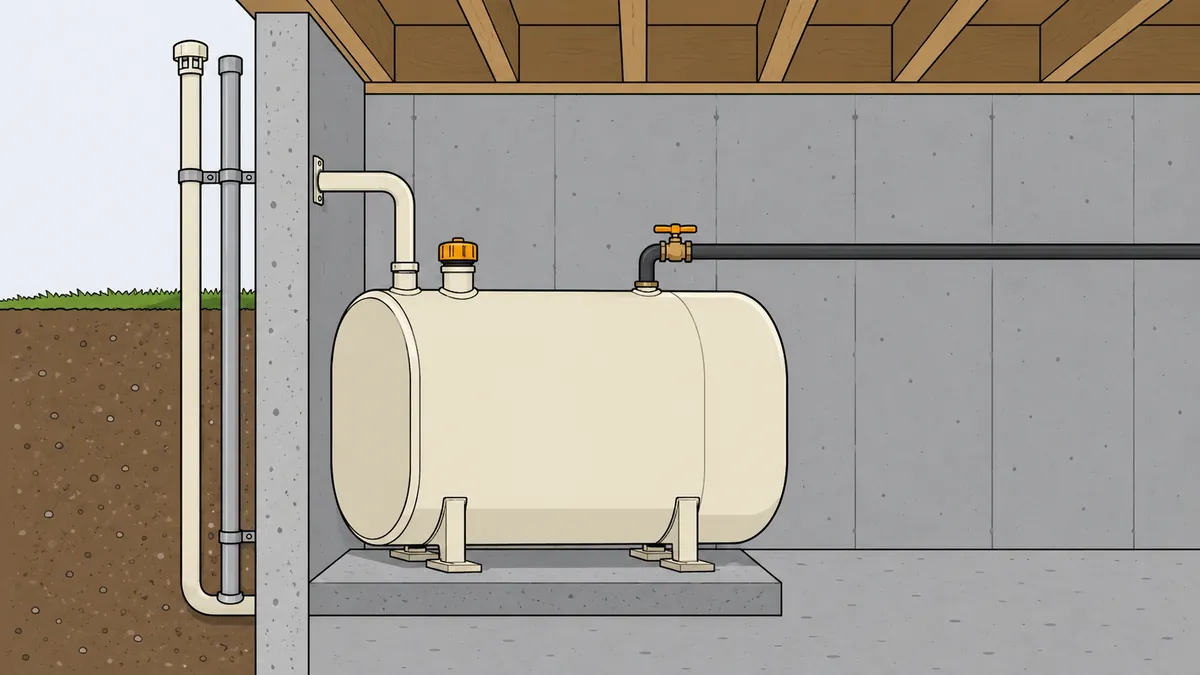 Diagram of a 275-gallon aboveground oil tank in a typical HRM basement, with fill pipe, vent pipe, and supply line to the furnace