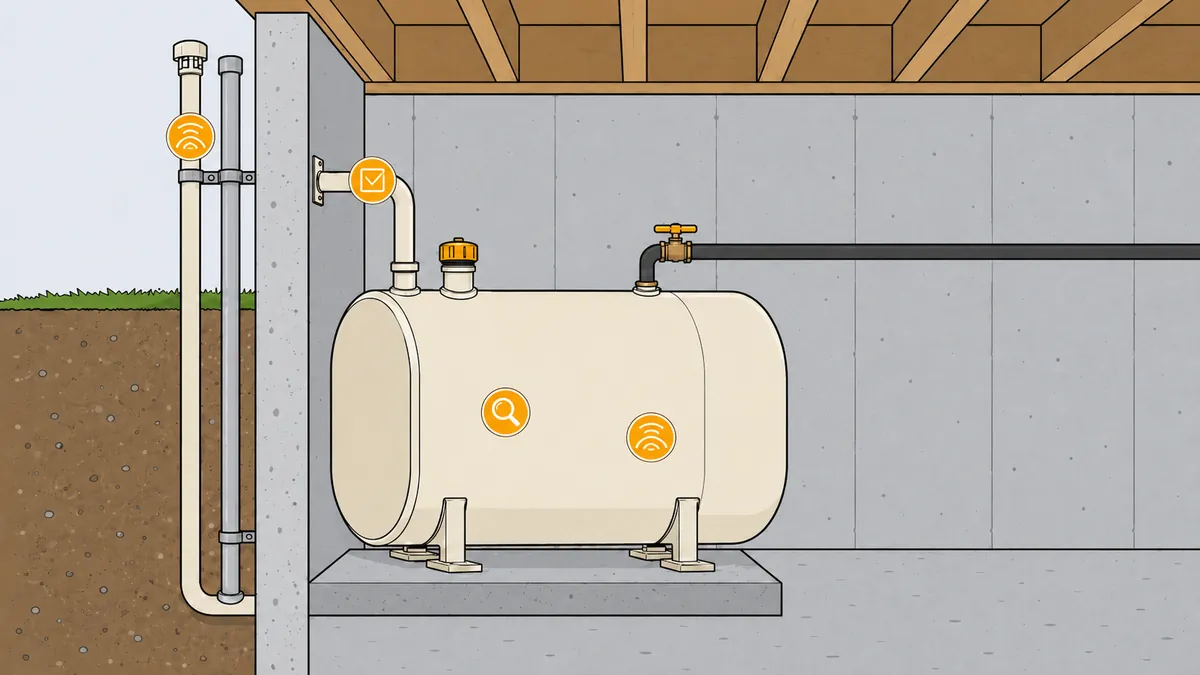 Inspection checkpoints on a residential aboveground oil tank: shell condition, ultrasonic thickness measurement, vent inspection, and fill compliance under CSA B-139