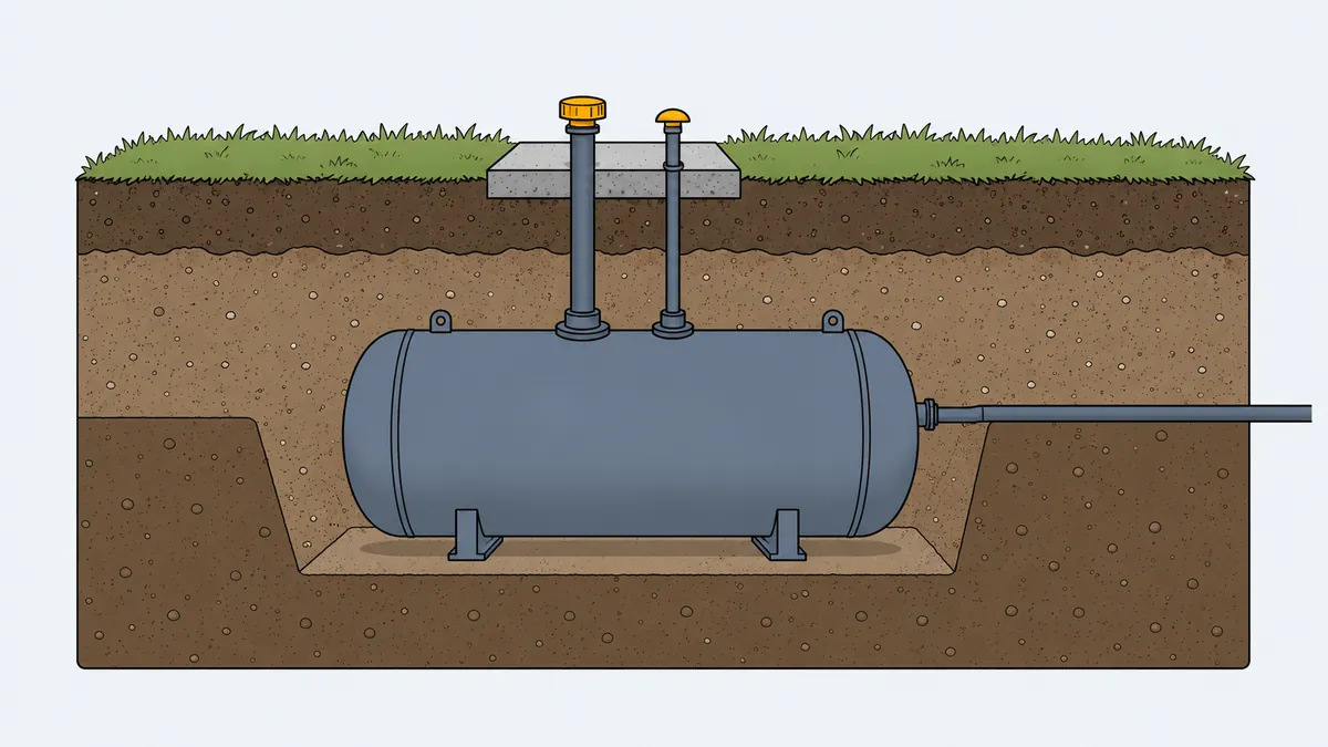 Cross-section diagram of a residential underground oil tank buried in a HRM backyard, showing the tank, fill and vent pipes, and supply line